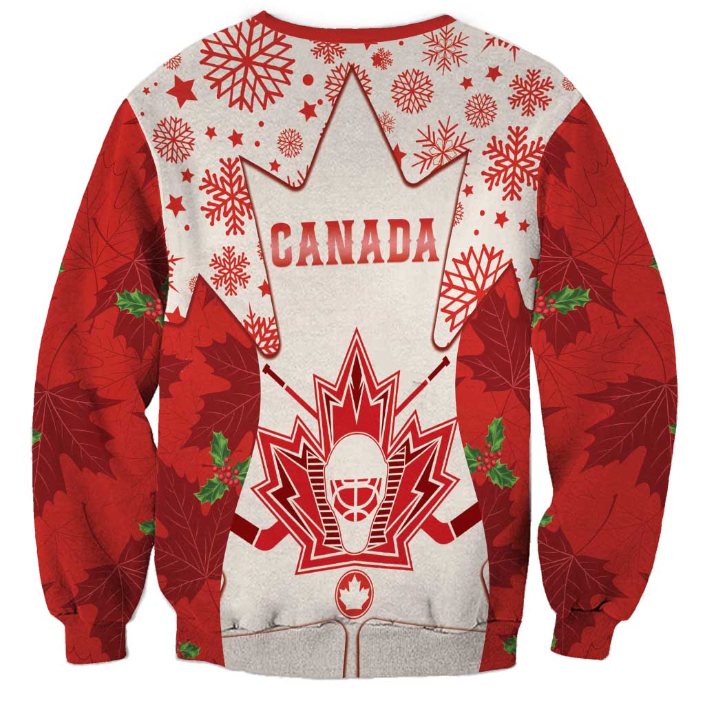 Red unisex holiday hockey sweatshirt with CANADA logo and maple leaf, snowflake pattern.