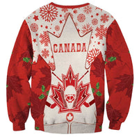 Red unisex holiday hockey sweatshirt with CANADA logo and maple leaf, snowflake pattern.