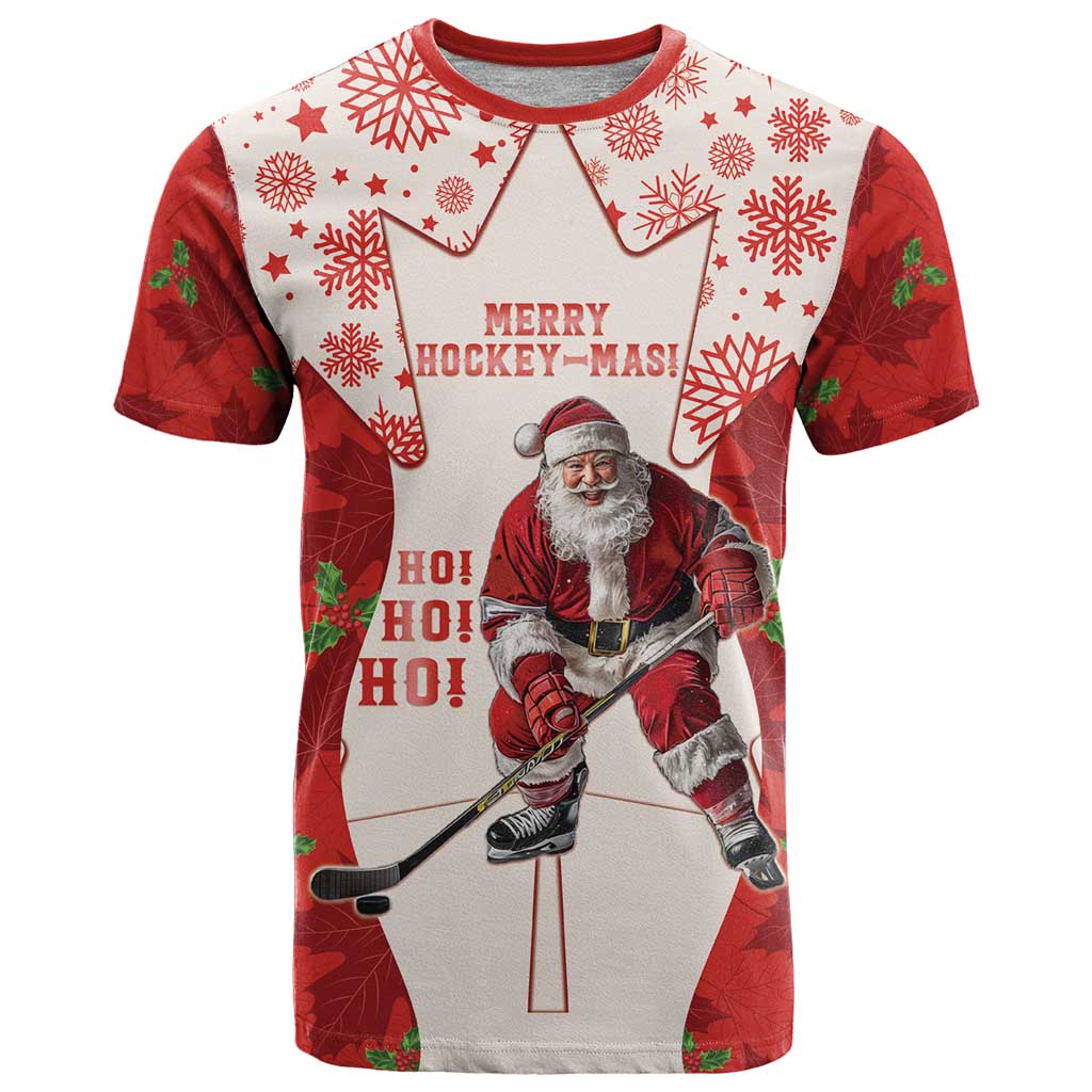 Christmas Canada Hockey T Shirt Merry Hockey-Mas Maple Leaves Pattern