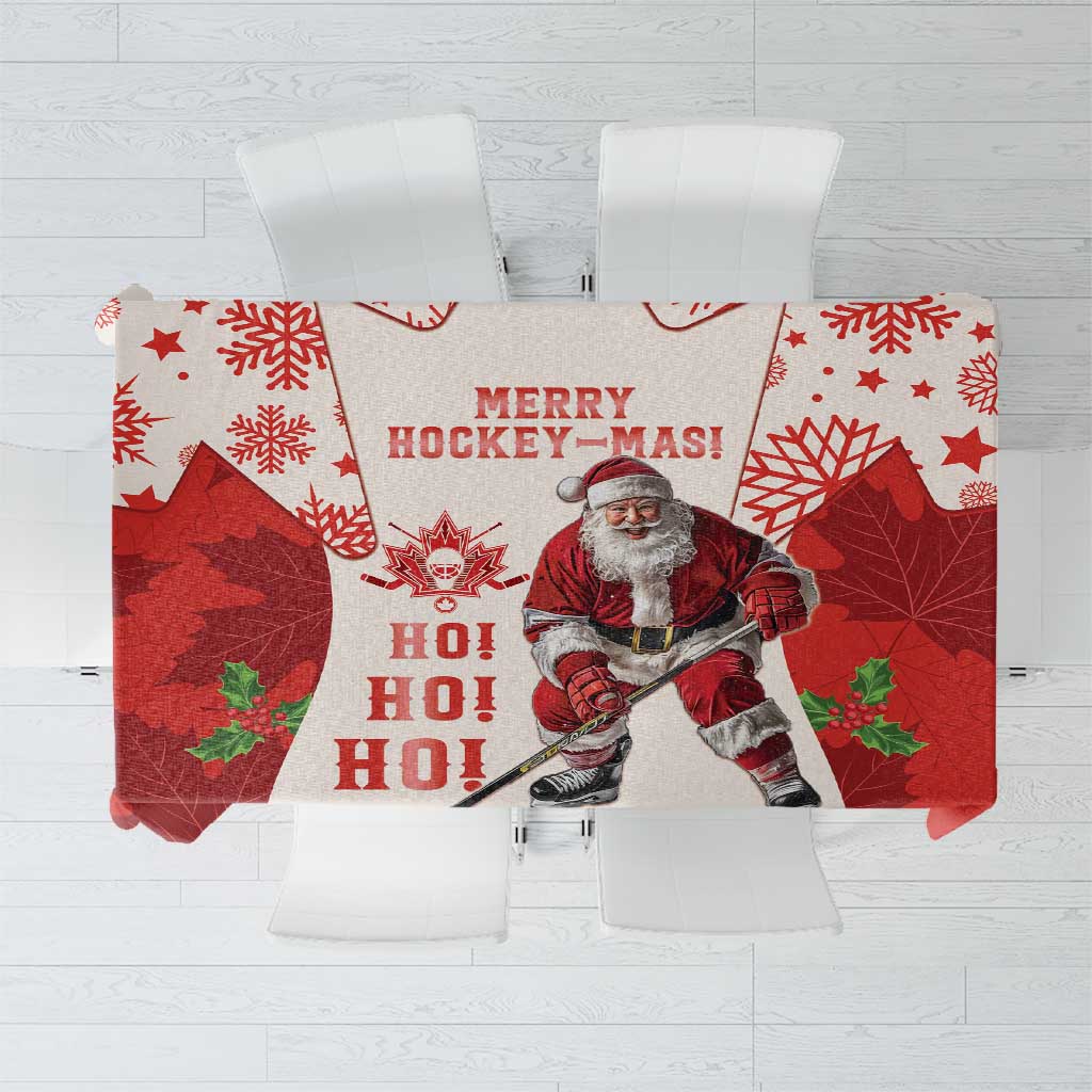 Christmas hockey tablecloth in red and white with “Merry Hockey-Mas” and Santa design
