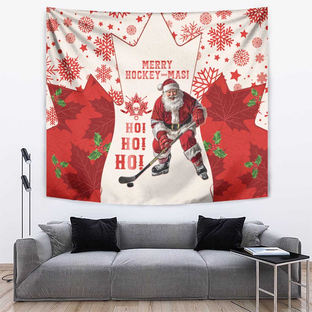 Red Christmas hockey tapestry with Santa, HO HO HO text, maple leaves and snowflakes