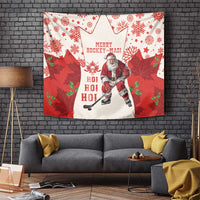 Red and white Merry Hockey-Mas hanging tapestry with Santa, HO HO HO, maple leaves