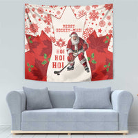 Red and white hockey-mas tapestry with Santa in center panel, HO HO HO, maple leaves