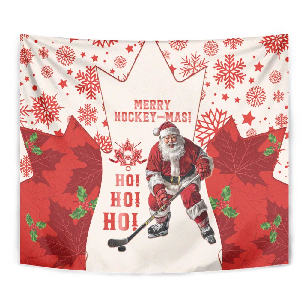 Close-up red and white hockey-mas tapestry showing Santa skating, HO HO HO, snowflake border