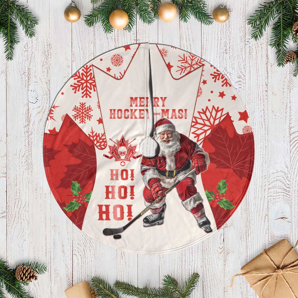 Christmas Canada Hockey Tree Skirt Merry Hockey-Mas Maple Leaves Pattern