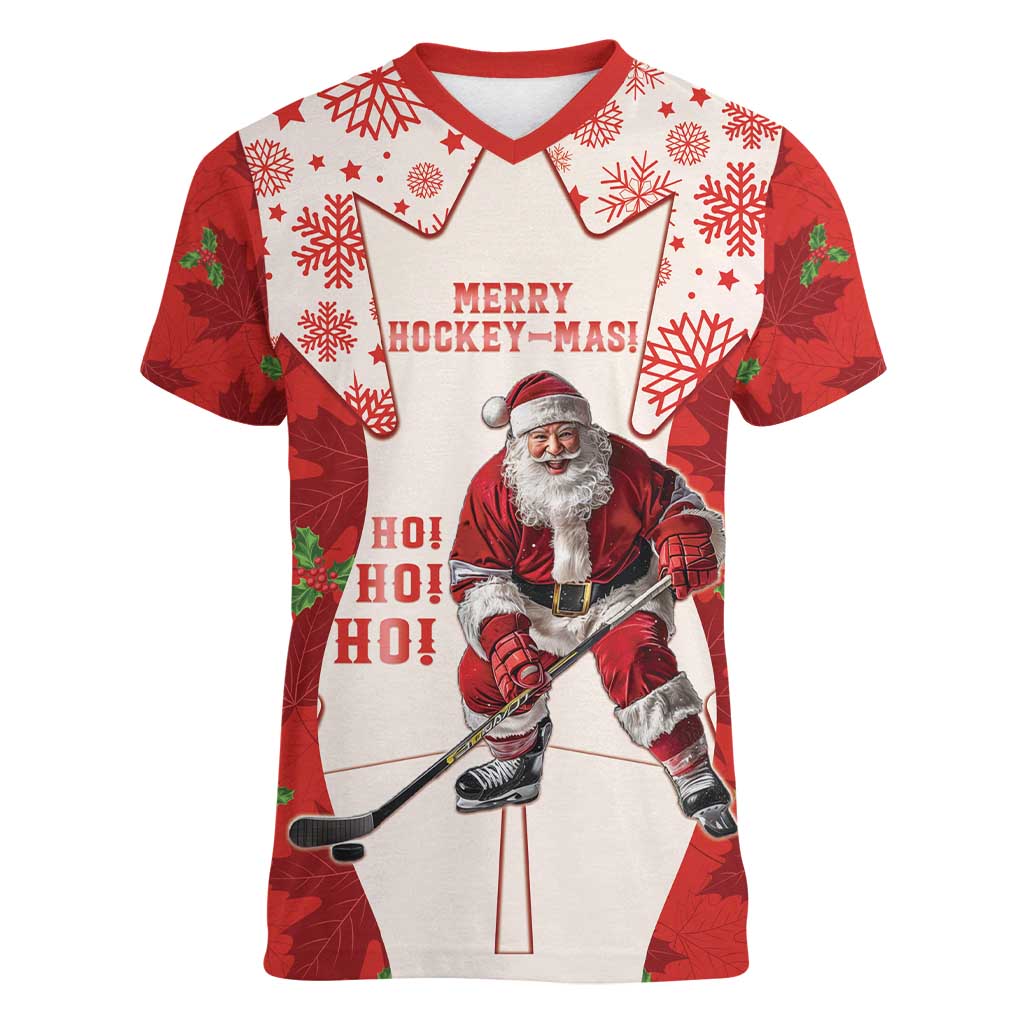 Christmas Canada Hockey Women V-Neck T-Shirt Merry Hockey-Mas Maple Leaves Pattern - Wonder Print Shop