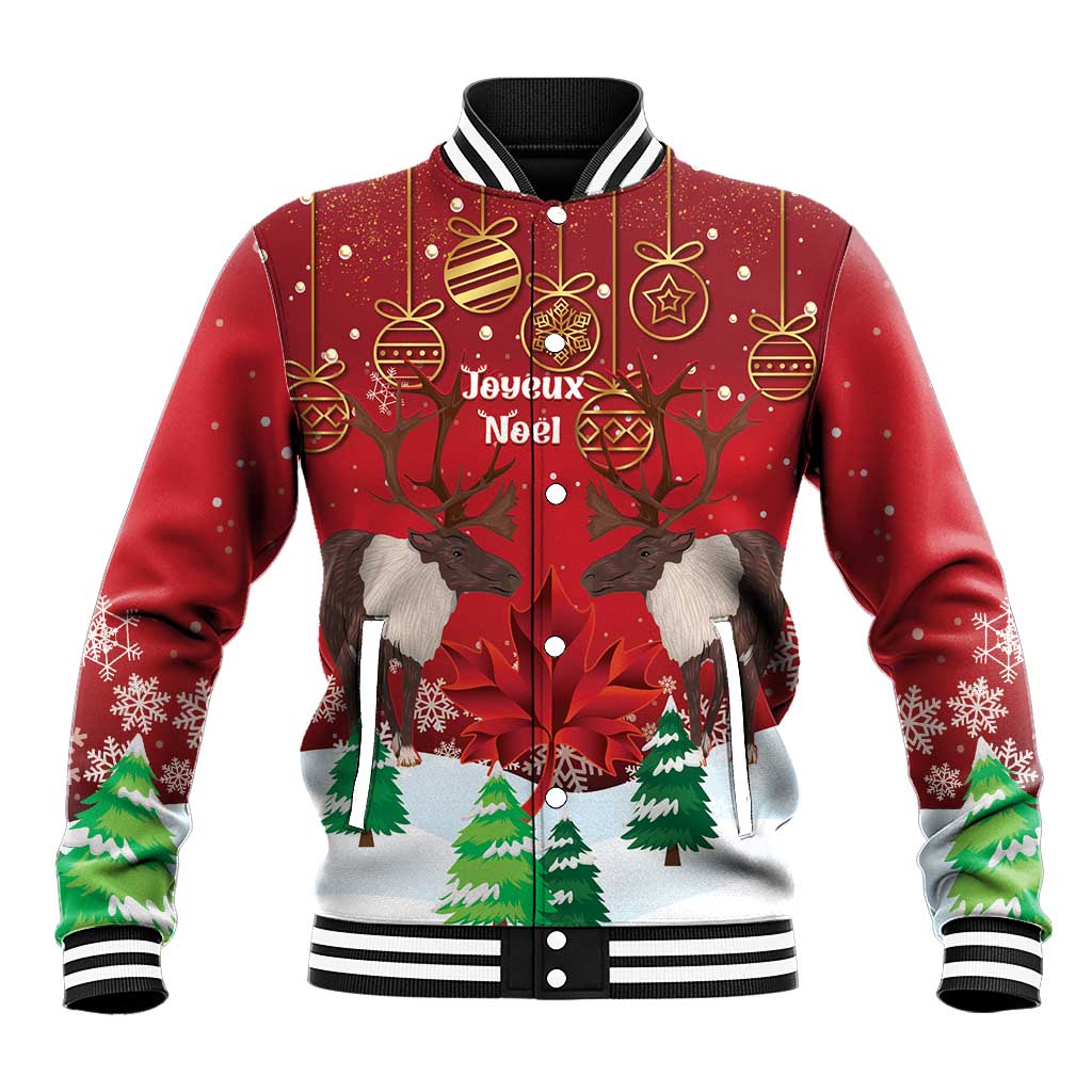 Red baseball jacket with Joyeux Noel graphic, reindeer, ornaments, and ribbed cuffs