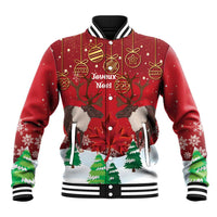 Red baseball jacket with Joyeux Noel graphic, reindeer, ornaments, and ribbed cuffs