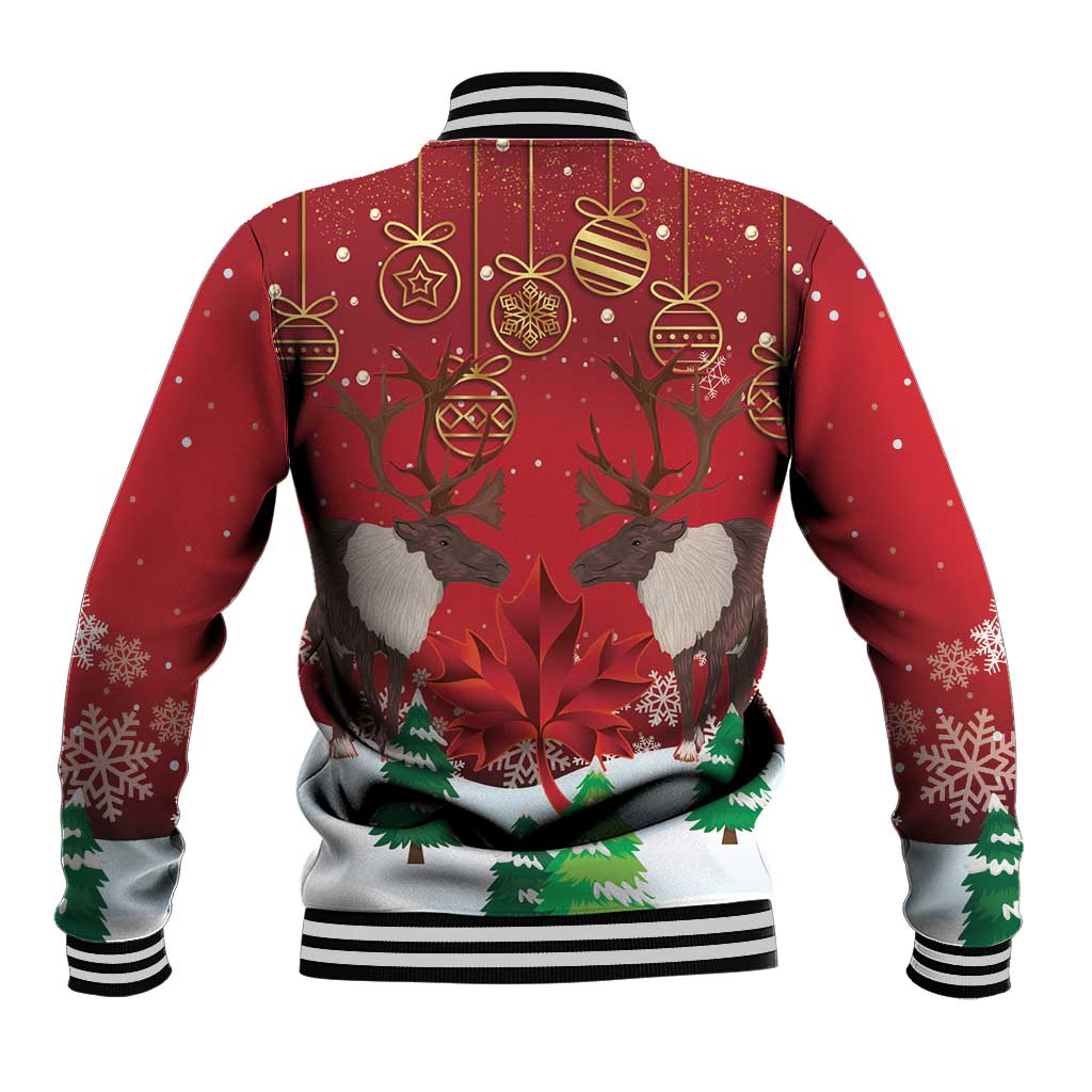 Red baseball jacket back with ornament and reindeer graphic, striped collar and hem