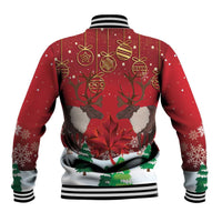 Red baseball jacket back with ornament and reindeer graphic, striped collar and hem