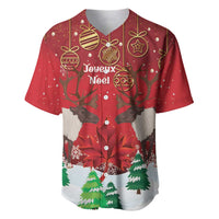 Red baseball jersey with Christmas print, caribou, maple leaf, and snowflakes