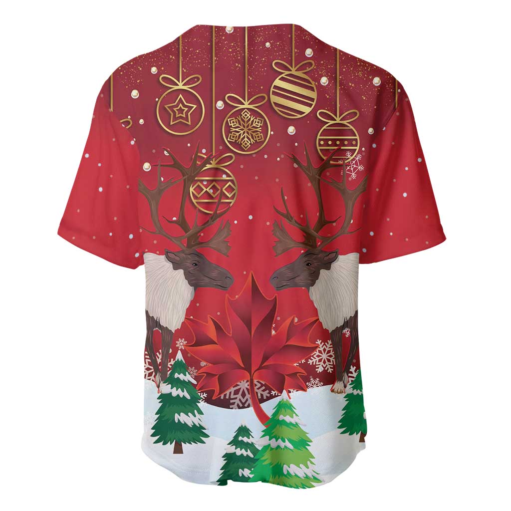Red Christmas baseball jersey back with reindeer, ornaments and holiday pattern