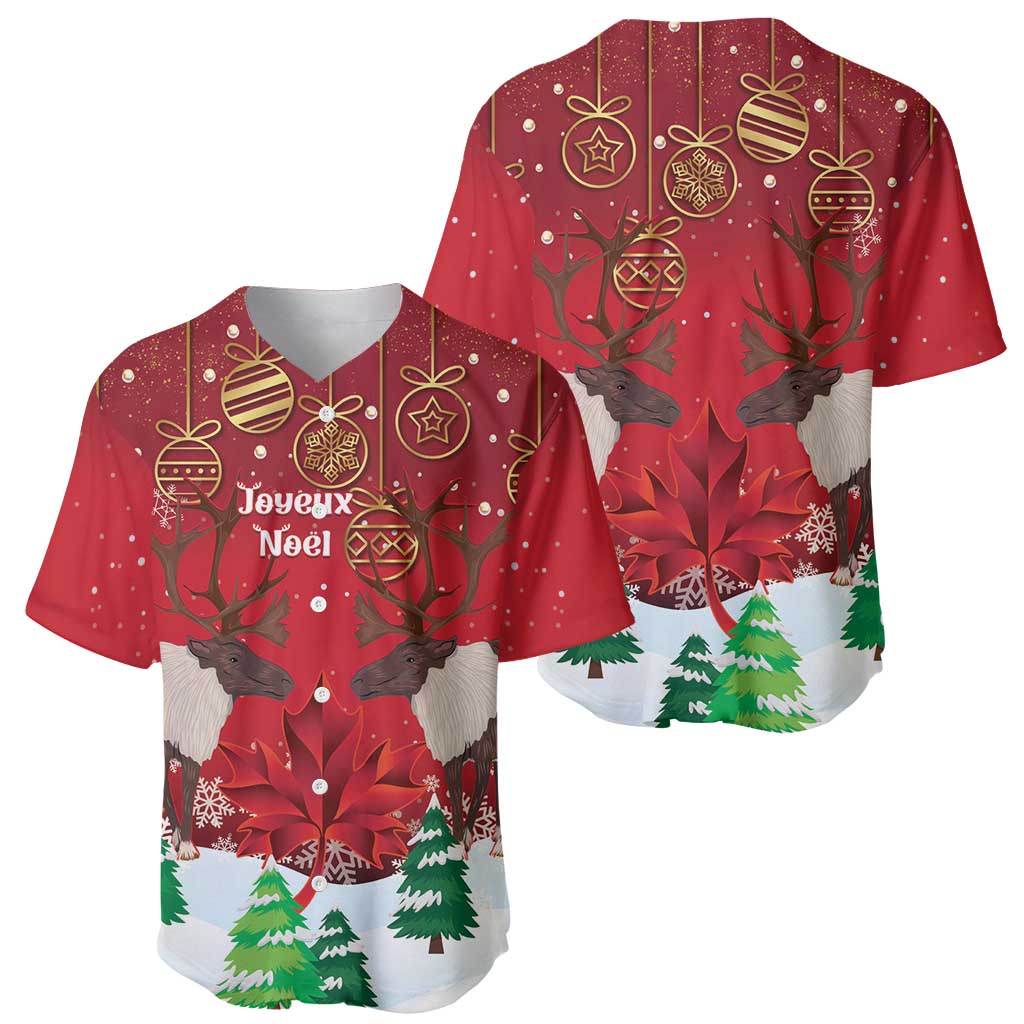 Christmas Canada baseball jersey, red, front and back views with caribou and maple leaf