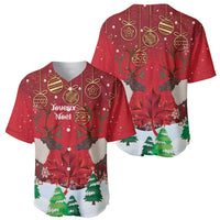 Christmas Canada baseball jersey, red, front and back views with caribou and maple leaf