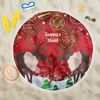 Round red beach blanket with caribou and maple leaf Christmas print