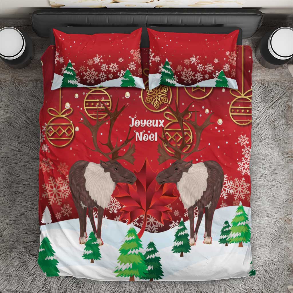 Red Christmas bedding set with caribou, maple leaf, and Joyeux Noel print