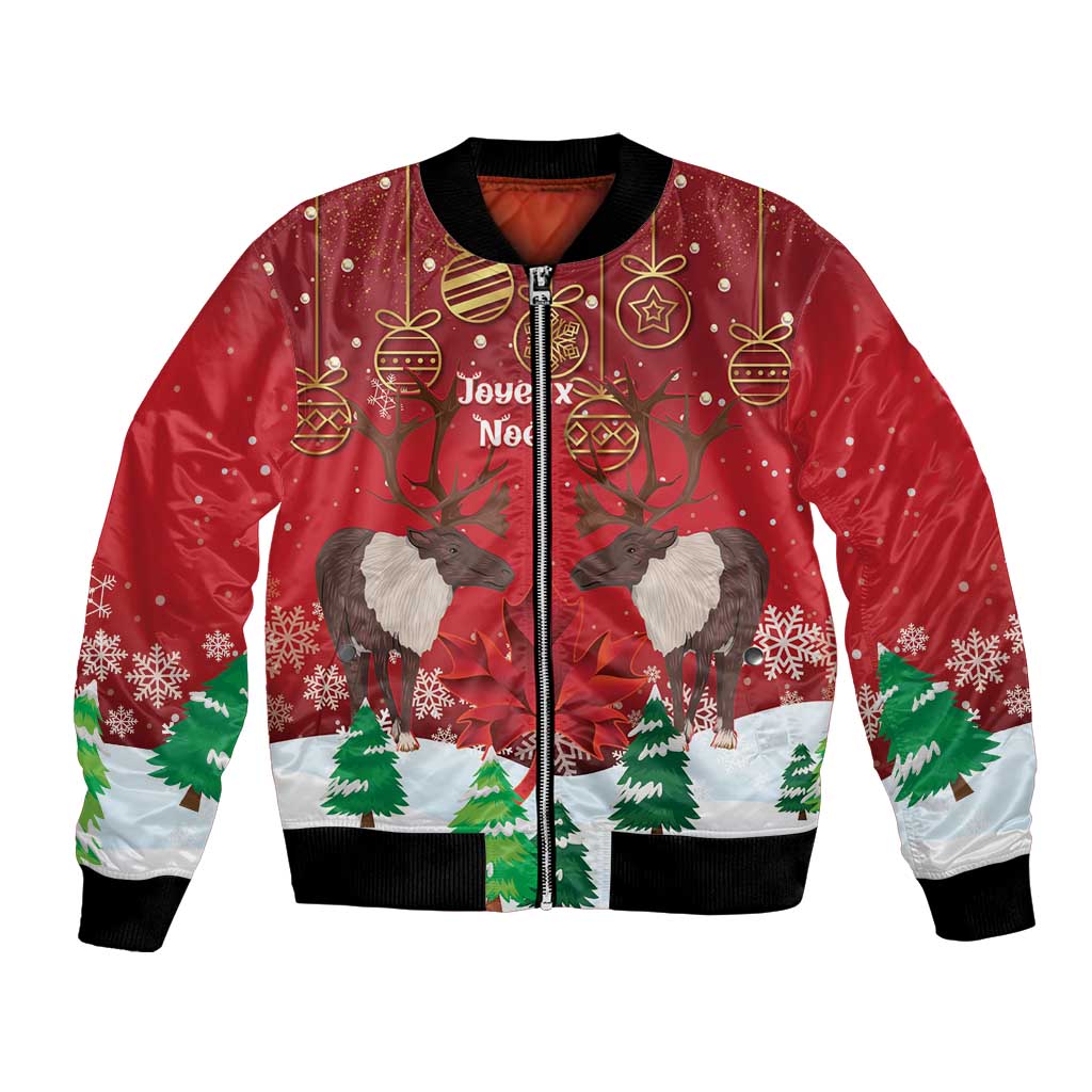 Red unisex bomber jacket with front zip, reindeer and holiday ornaments