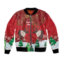 Red unisex bomber jacket with front zip, reindeer and holiday ornaments