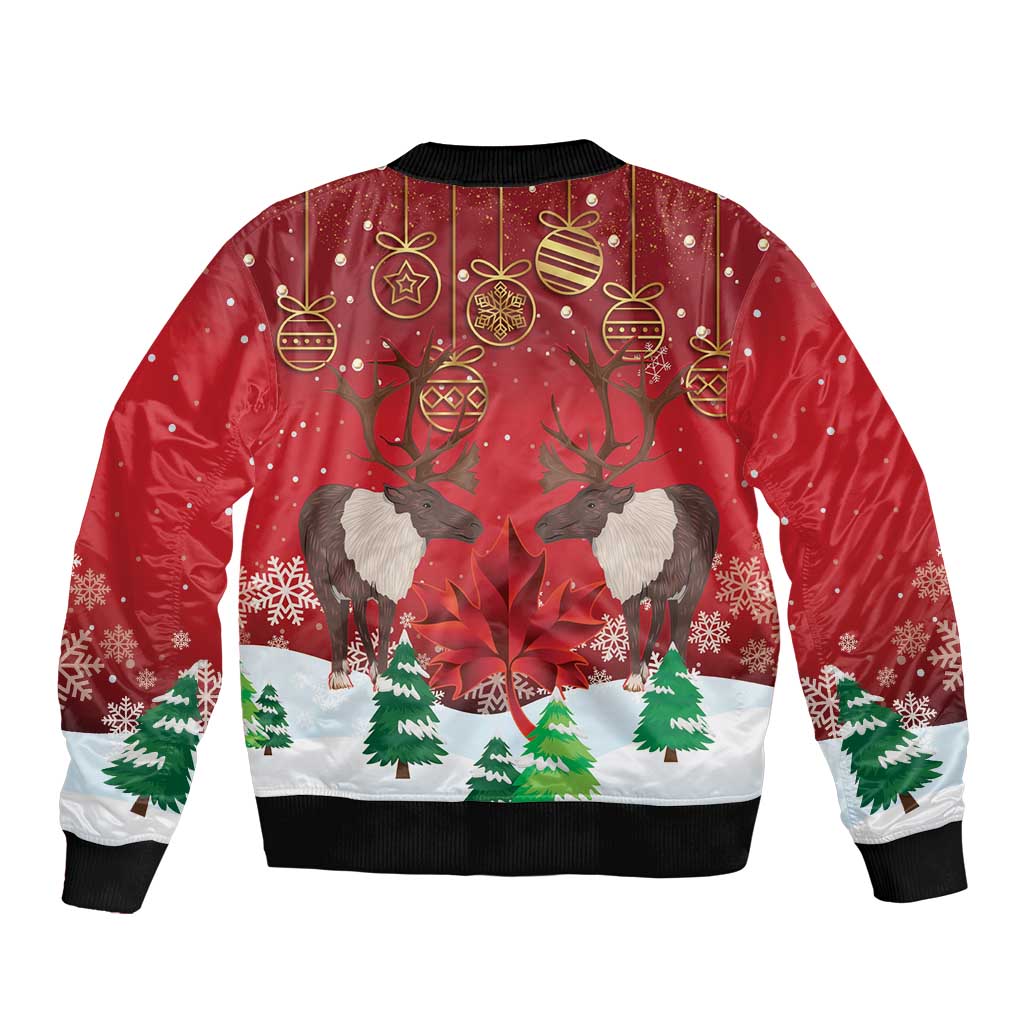 Red unisex bomber jacket back view with reindeer, Christmas ornaments and trees