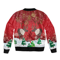 Red unisex bomber jacket back view with reindeer, Christmas ornaments and trees