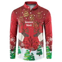 Red Christmas button sweatshirt with reindeer and gold ornaments, 'Joyeux Noel' print