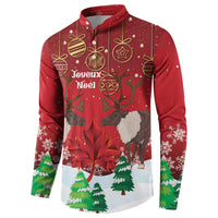 Red Christmas button sweatshirt, reindeer and ornaments over poinsettia and pine trees