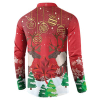 Red Christmas button sweatshirt with gold ornaments and reindeer, snow-speckle design