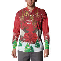 Red Christmas button sweatshirt with reindeer heads, gold ornaments and pine-tree cuffs