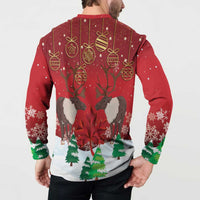 Red Christmas button sweatshirt back view with gold ornaments, reindeer and pine-tree hem