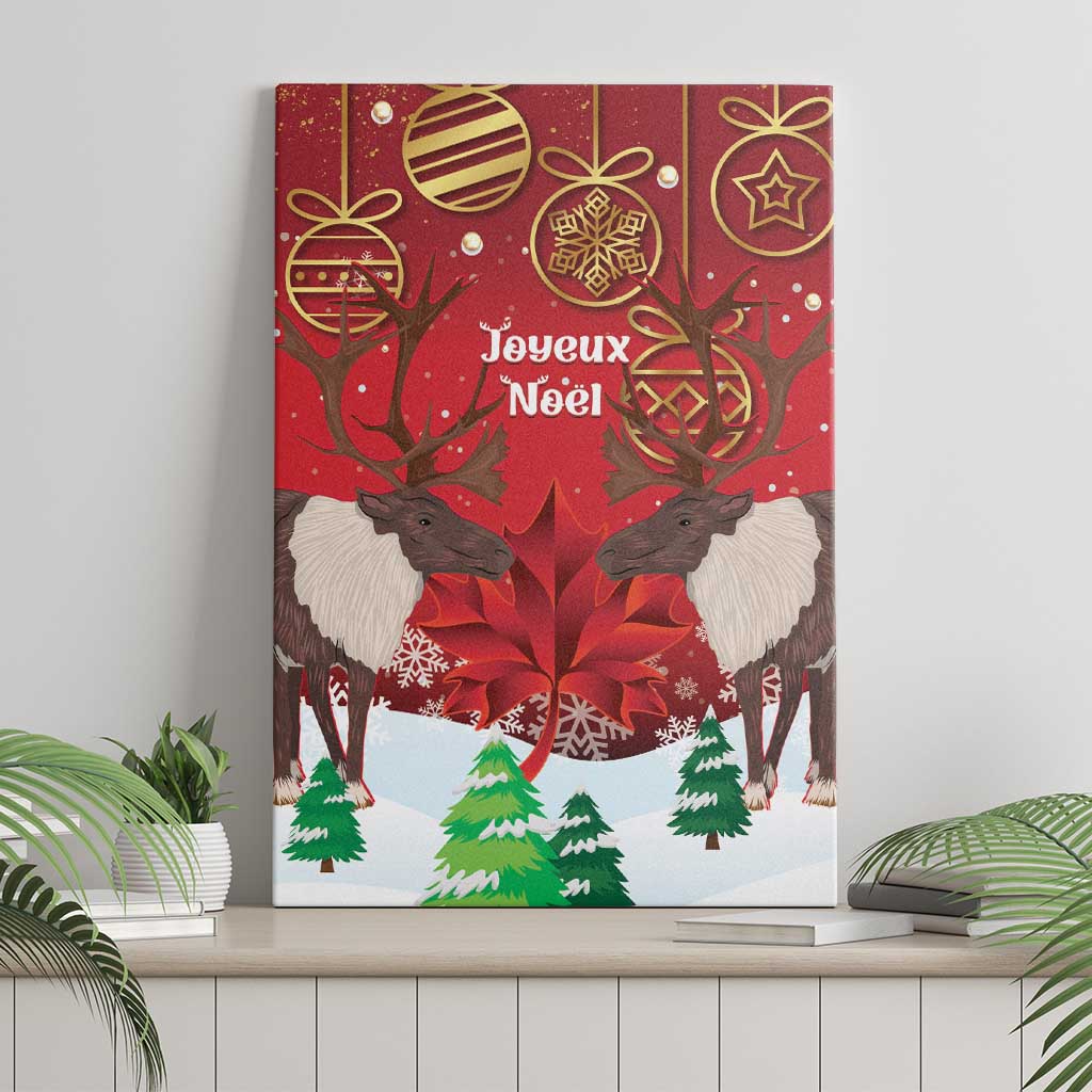 Christmas canvas wall art with reindeer, maple leaf, and Joyeux Noel text in red