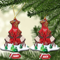Pair of red ceramic ornaments with caribou scene, round shape, gold hanging strings