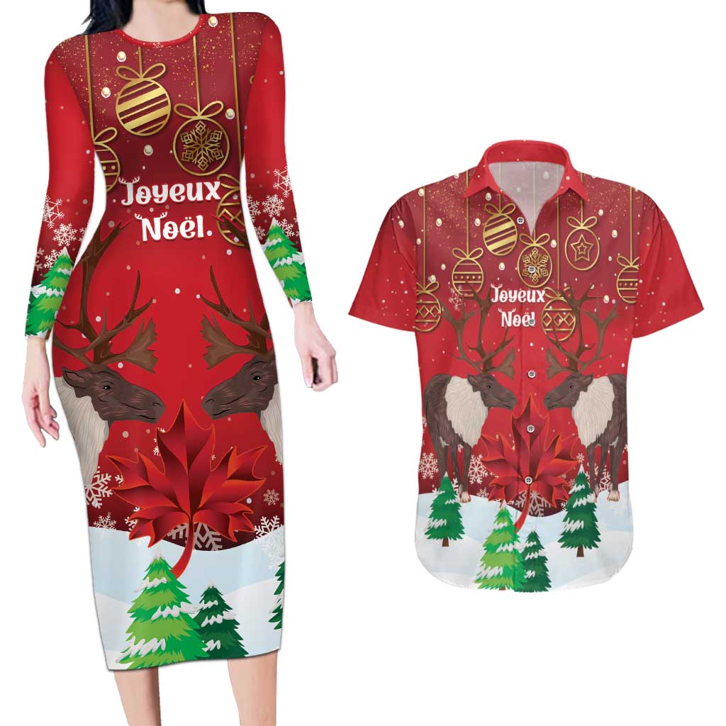 Christmas Canada Couples Matching Long Sleeve Bodycon Dress and Hawaiian Shirt Joyeux Noel - Caribou With Maple Leaf - Wonder Print Shop