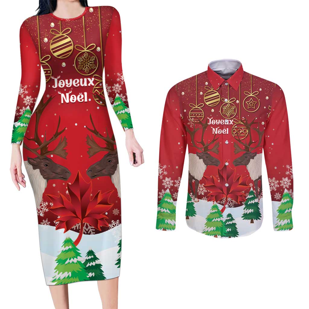 Christmas Canada Couples Matching Long Sleeve Bodycon Dress and Long Sleeve Button Shirt Joyeux Noel - Caribou With Maple Leaf - Wonder Print Shop