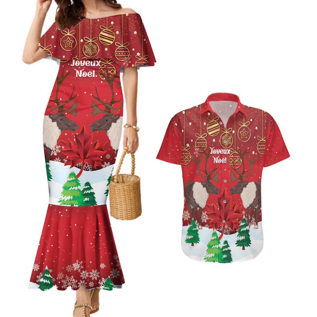 Christmas Canada Couples Matching Mermaid Dress and Hawaiian Shirt Joyeux Noel - Caribou With Maple Leaf - Wonder Print Shop