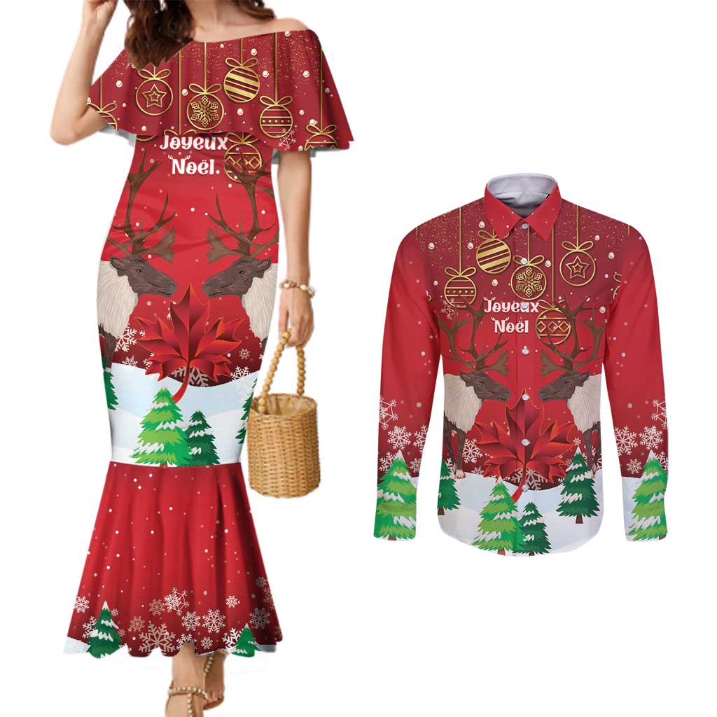 Christmas Canada Couples Matching Mermaid Dress and Long Sleeve Button Shirt Joyeux Noel - Caribou With Maple Leaf