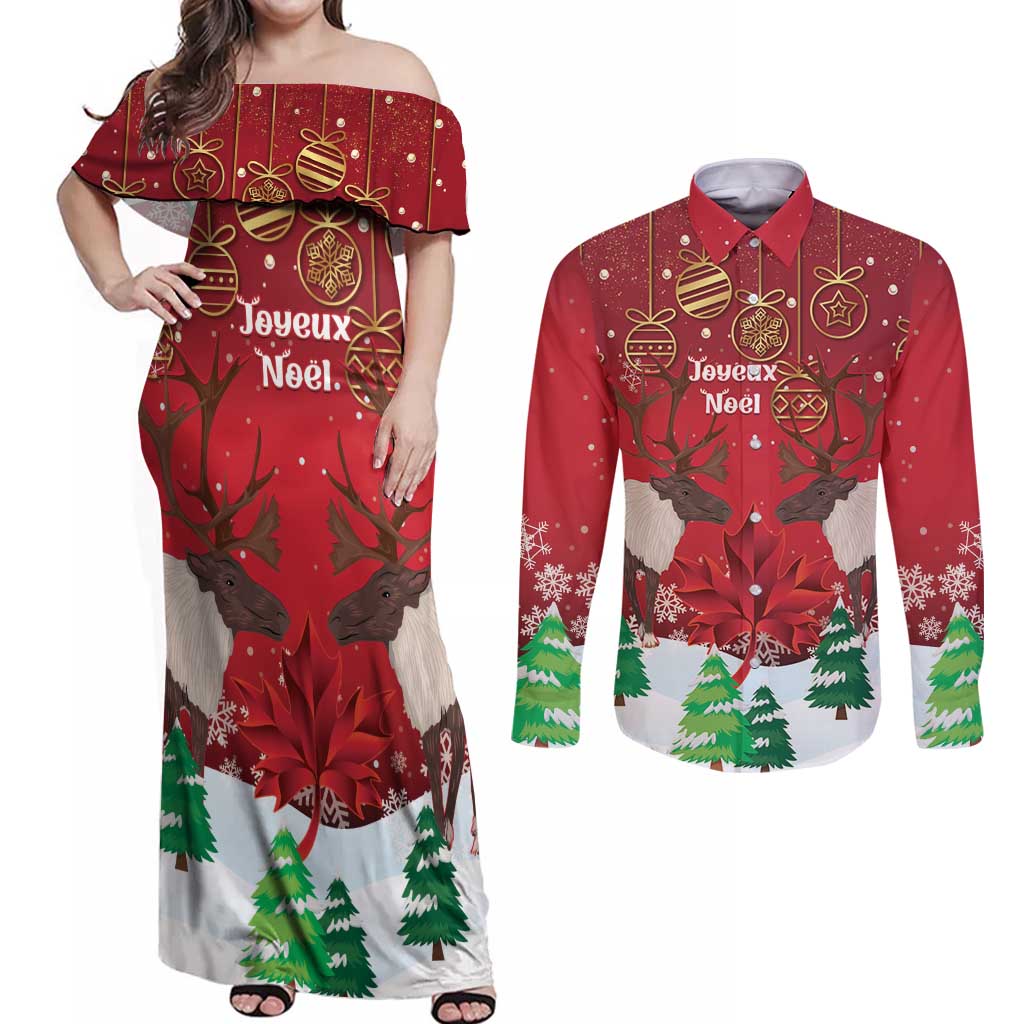 Christmas Canada Couples Matching Off Shoulder Maxi Dress and Long Sleeve Button Shirt Joyeux Noel - Caribou With Maple Leaf - Wonder Print Shop