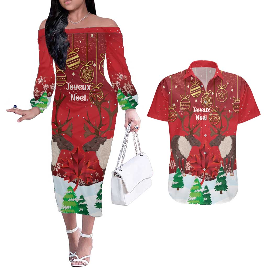 Christmas Canada Couples Matching Off The Shoulder Long Sleeve Dress and Hawaiian Shirt Joyeux Noel - Caribou With Maple Leaf - Wonder Print Shop