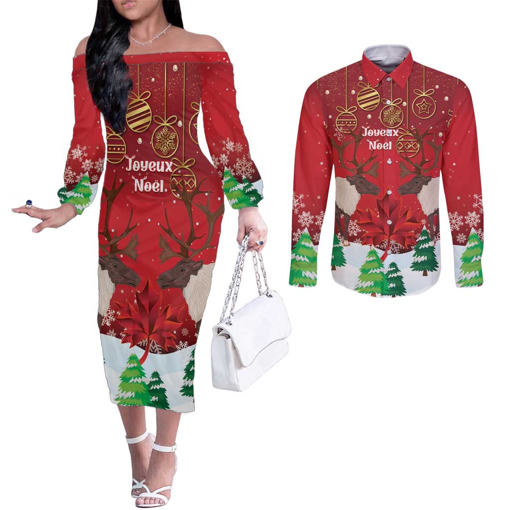 Christmas Canada Couples Matching Off The Shoulder Long Sleeve Dress and Long Sleeve Button Shirt Joyeux Noel - Caribou With Maple Leaf