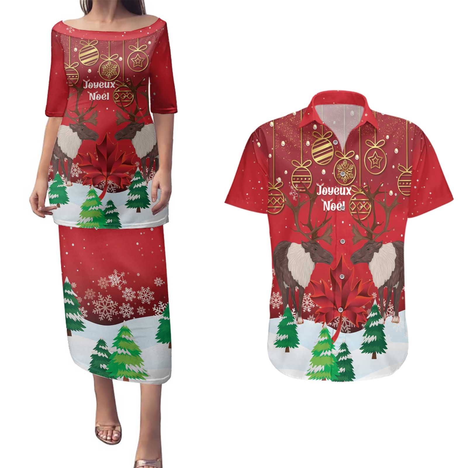 Christmas Canada Couples Matching Puletasi and Hawaiian Shirt Joyeux Noel - Caribou With Maple Leaf - Wonder Print Shop