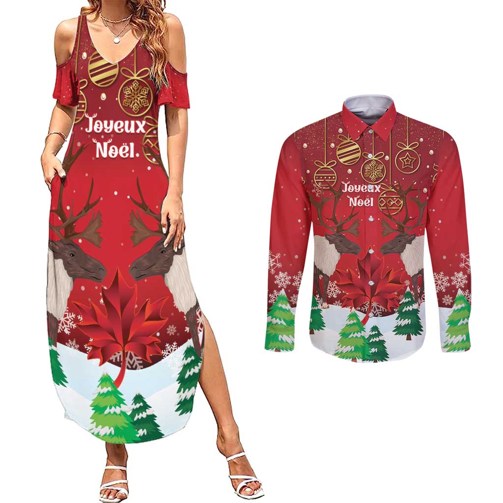 Christmas Canada Couples Matching Summer Maxi Dress and Long Sleeve Button Shirt Joyeux Noel - Caribou With Maple Leaf - Wonder Print Shop