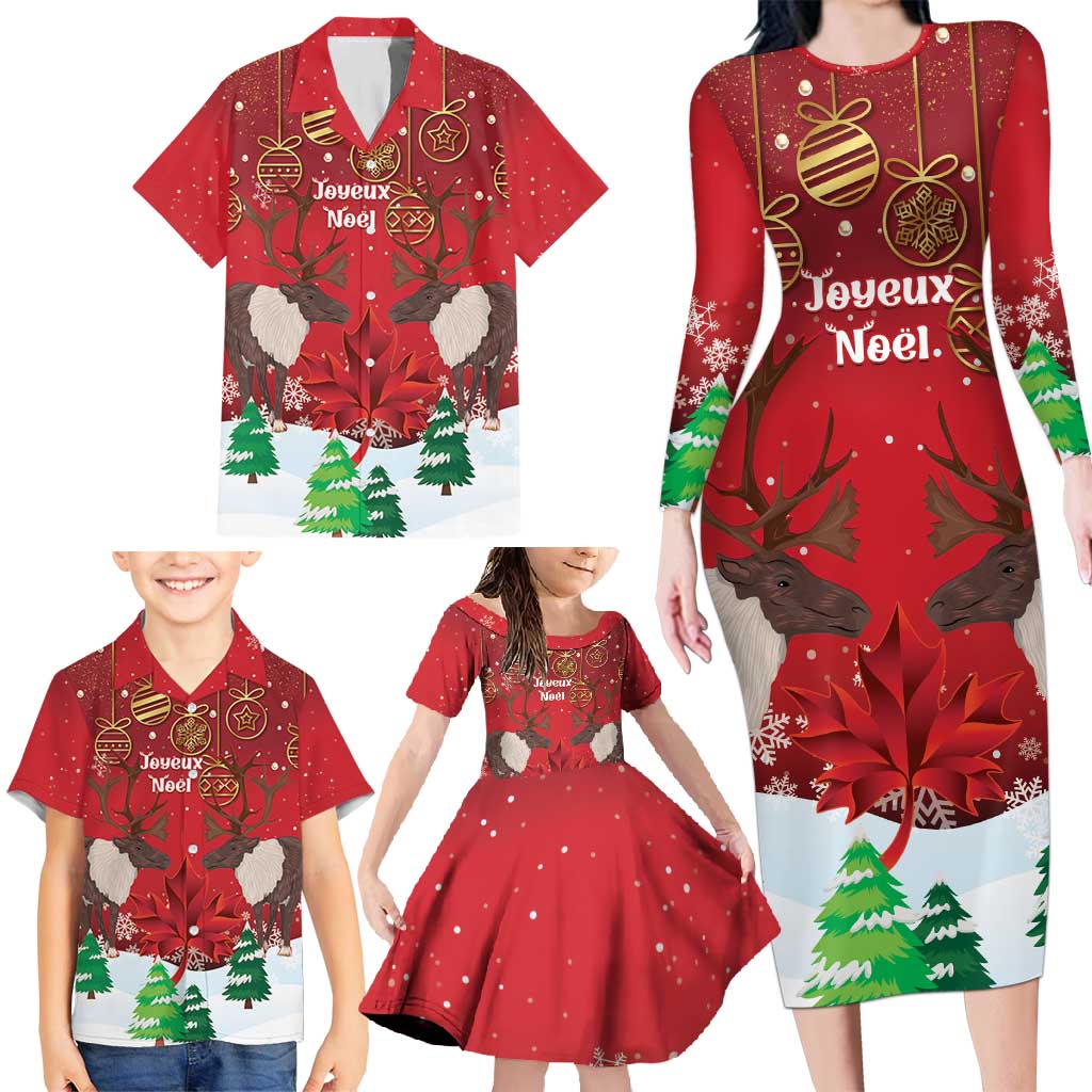 Christmas Canada Family Matching Long Sleeve Bodycon Dress and Hawaiian Shirt Joyeux Noel - Caribou With Maple Leaf - Wonder Print Shop