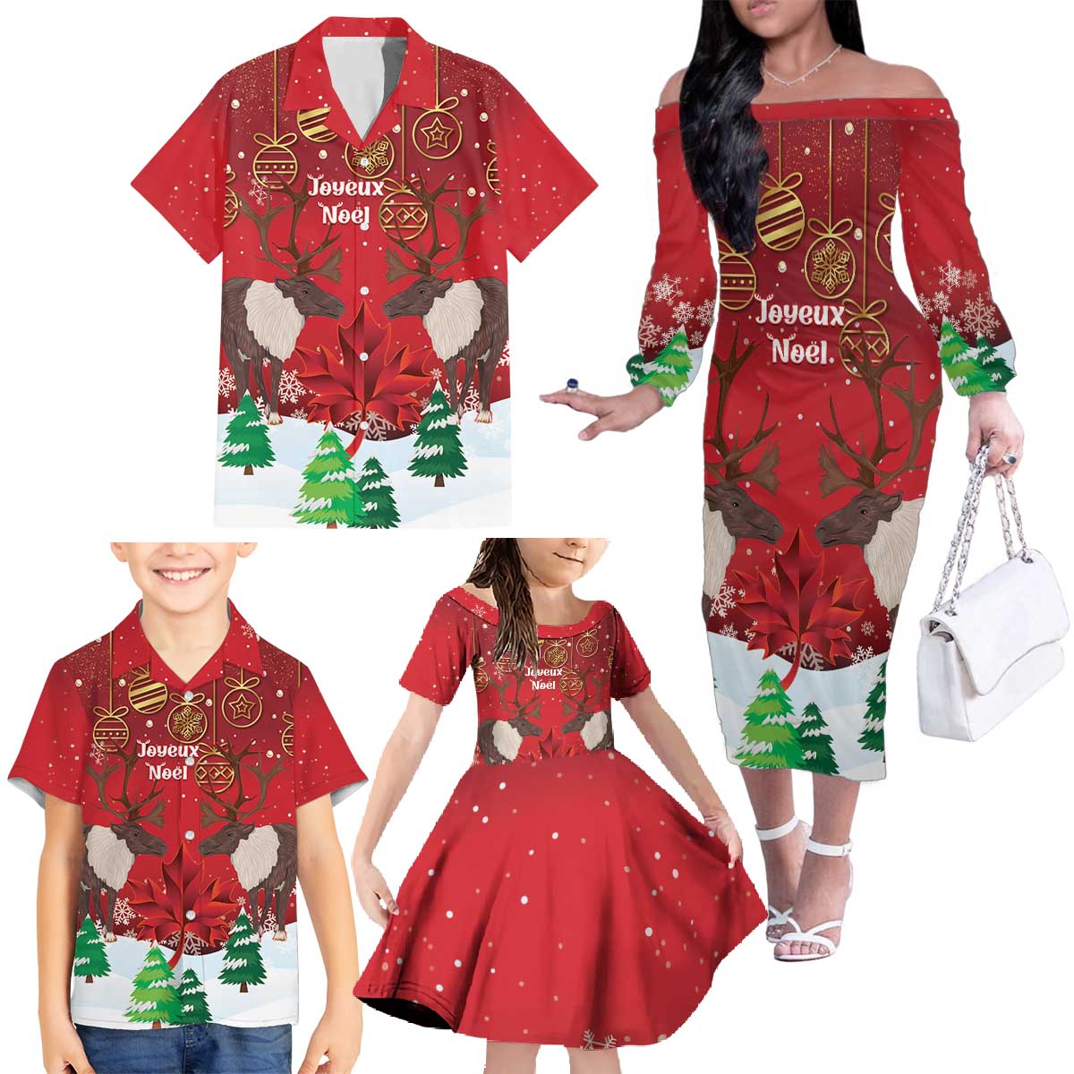 Christmas Canada Family Matching Off The Shoulder Long Sleeve Dress and Hawaiian Shirt Joyeux Noel - Caribou With Maple Leaf - Wonder Print Shop