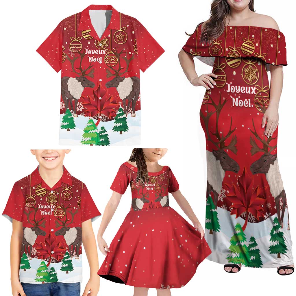 Christmas Canada Family Matching Off Shoulder Maxi Dress and Hawaiian Shirt Joyeux Noel - Caribou With Maple Leaf - Wonder Print Shop