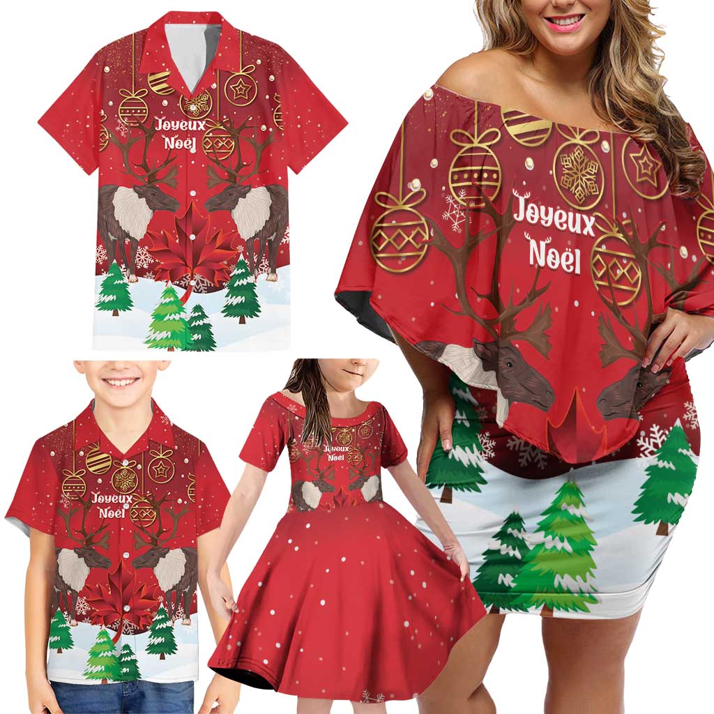 Christmas Canada Family Matching Off Shoulder Short Dress and Hawaiian Shirt Joyeux Noel - Caribou With Maple Leaf - Wonder Print Shop