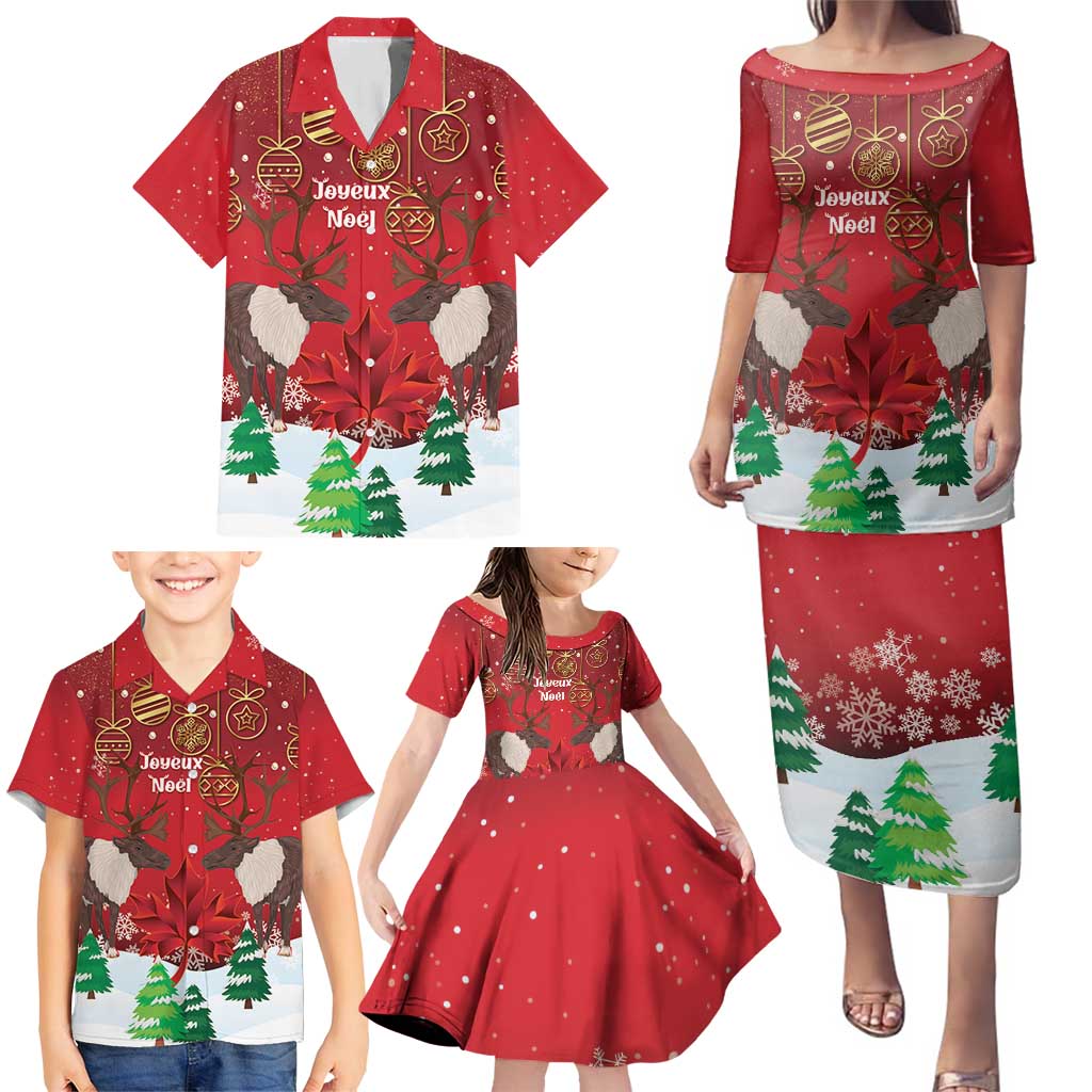 Christmas Canada Family Matching Puletasi and Hawaiian Shirt Joyeux Noel - Caribou With Maple Leaf - Wonder Print Shop