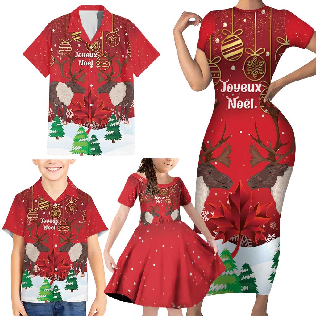 Christmas Canada Family Matching Short Sleeve Bodycon Dress and Hawaiian Shirt Joyeux Noel - Caribou With Maple Leaf - Wonder Print Shop