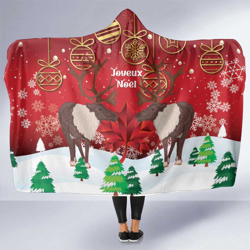 Christmas Canada Hooded Blanket Joyeux Noel - Caribou With Maple Leaf