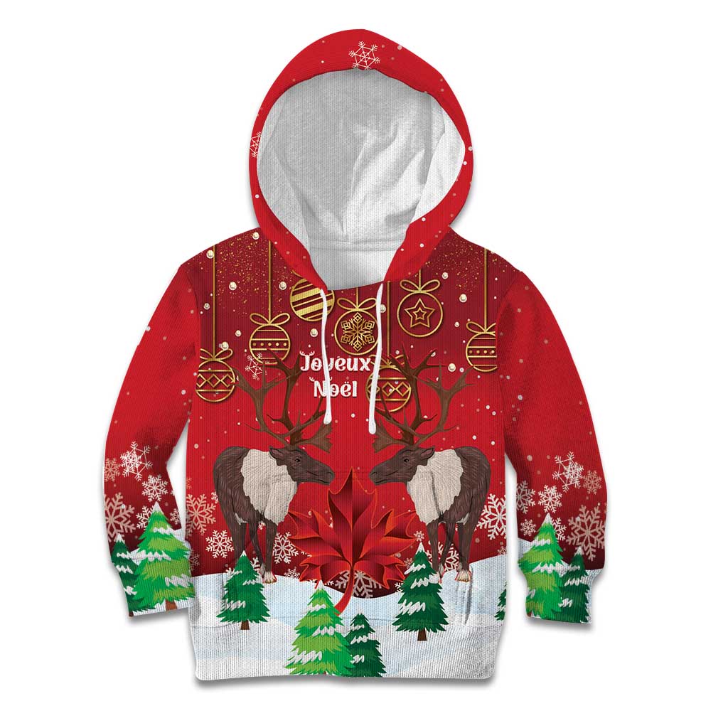 Christmas Canada Kid Hoodie Joyeux Noel - Caribou With Maple Leaf - Wonder Print Shop