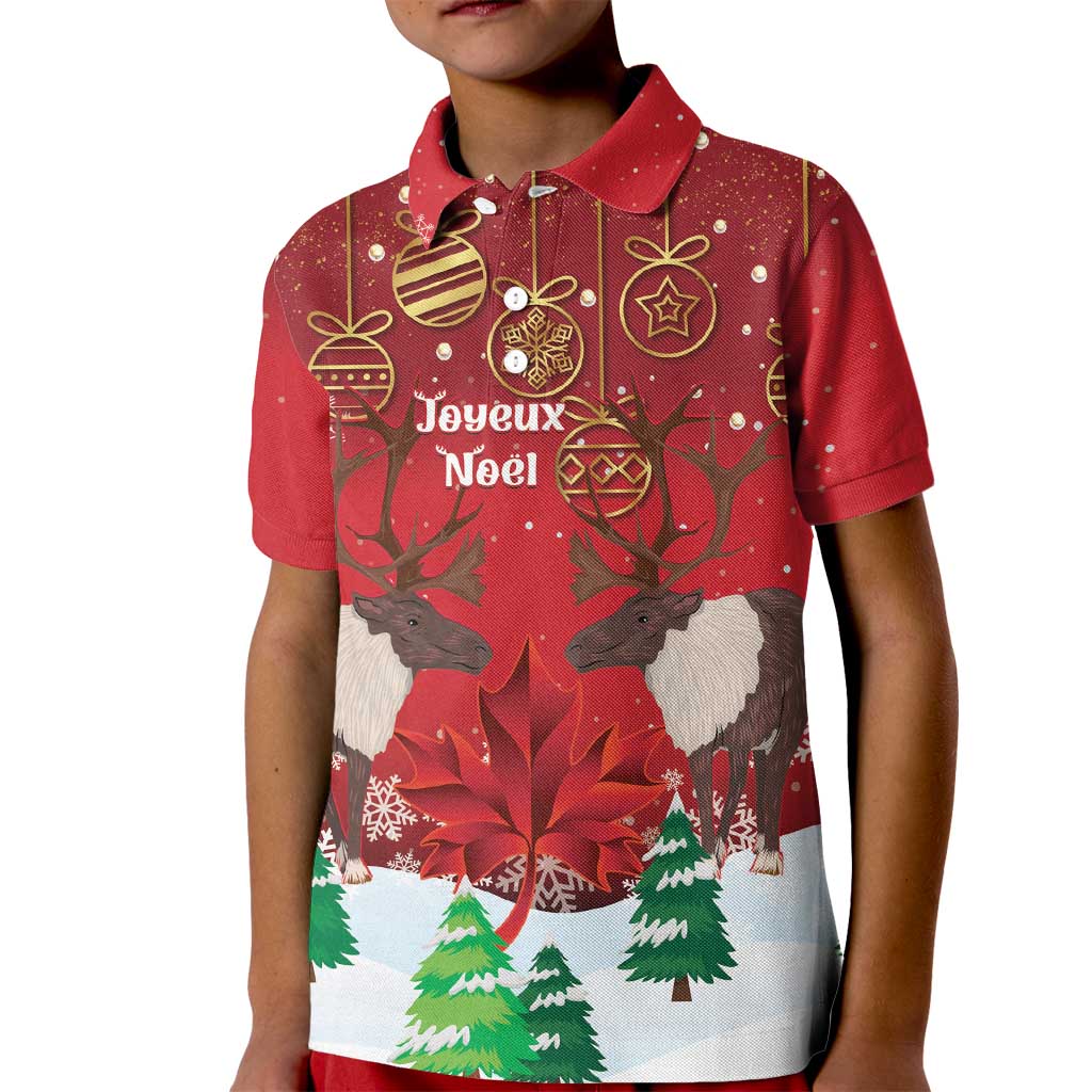 Christmas Canada Kid Polo Shirt Joyeux Noel - Caribou With Maple Leaf - Wonder Print Shop