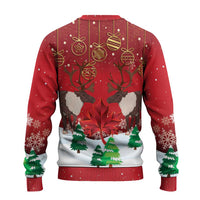 Red ugly Christmas sweater back: caribou with ornaments, pine trees, snowflake cuffs